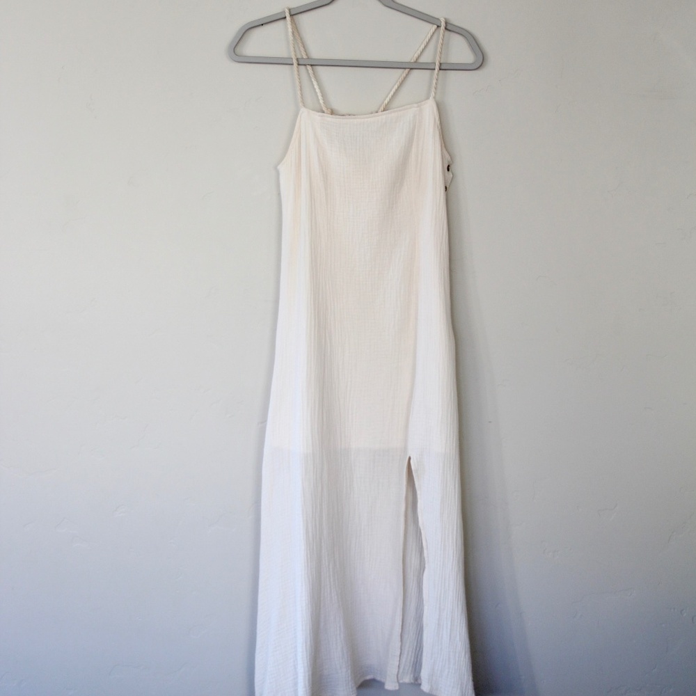 Promesa Cream Cotton Midi Dress Small Rope Tie Back Side Button Slit